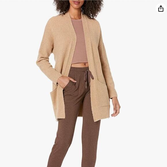 Daily Ritual Sweater Medium Tan Open Front Cardigan Pockets Cozy Boucle Knit NEW - Picture 1 of 9
